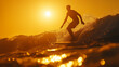© Ivan - Silhouette man surfing in sea or ocean at sunset or sunrise. Male surfer silhouette on surfboard practicing extreme sport on sea wave at sundown. Extreme sport and vacation concept. Generative AI.