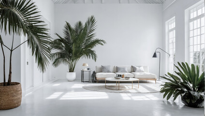 Wall Mural - creative layout of colorful palm leaves on a white background in the rays of the sun, with shadows. 