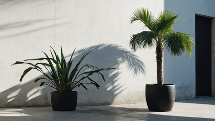 Wall Mural - creative layout of colorful palm leaves on a white background in the rays of the sun, with shadows. 