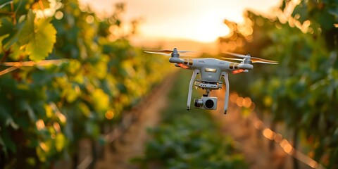 Wall Mural - Utilizing Drones for Sustainable Agriculture Monitoring Crops, Spraying, and Managing Vineyards. Concept Drone Technology, Precision Agriculture, Crop Monitoring, Sustainable Practices
