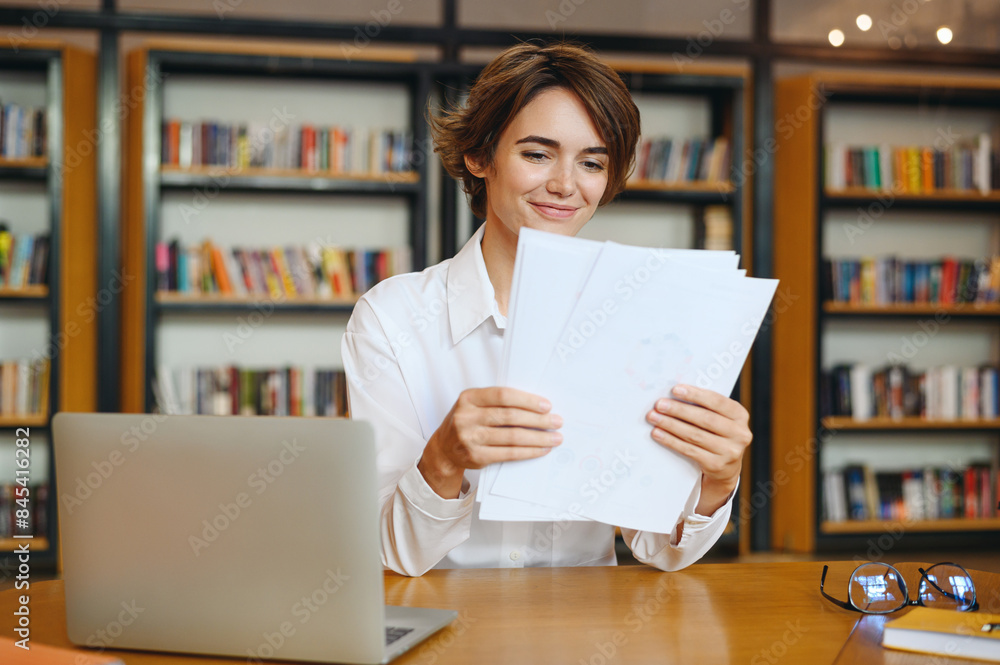 Young smiling cheerful happy successful employee business woman wears ...