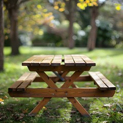 Canvas Print - Rustic Wooden Picnic Table in Lush Garden Setting with Copy Space for Organic Product Display