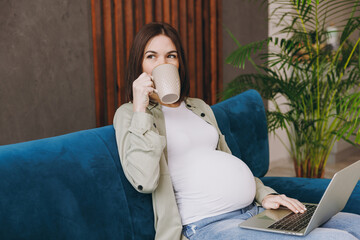 Wall Mural - Young pregnant IT woman with belly wears casual clothes hold use work on laptop pc computer drink tea sit blue sofa couch stay home flat rest relax spend free time in living room. Maternity concept.