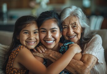 Wall Mural - Heartwarming Photo of Grandmother, Mother, and Daughter Hugging and Smiling Together Indoors