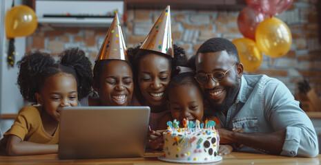 Wall Mural - Elderly man and two young girls celebrating a birthday with a cake and party hats, taking a selfie together