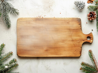 Flatlay eco Christmas square charcuterie board timber POD mock up pinecone wooden blank empty grazing food serving board bauble background minimal rustic Xmas minimalist gift laser engrave templete