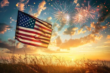 Wall Mural - American flag waving in a field with fireworks lighting up the evening sky. Bright colors and patriotic theme. Ideal for Independence Day, Memorial Day, and similar events. Generative AI