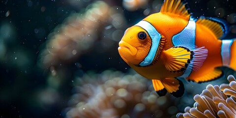 Wall Mural - Close-up Portrait of Vibrant Orange Clownfish on Dark Background. Concept Underwater Photography, Close-up Shots, Marine Life, Colorful Clownfish, Dark Background