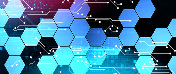 Leinwandbilder - Abstract circuit board and hexagons on gradient color background. Hi-tech digital technology concept. Vector