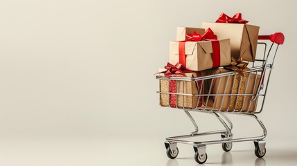 Canvas Print - A shopping cart full of wrapped gifts against a white background.