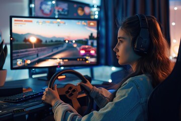 Young woman in headphones with steering wheel playing car racing game at home