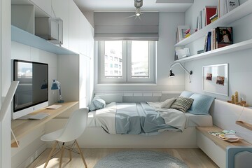 Wall Mural - Modern Minimalist Kid's Room: White bed, light blue accents, floating desk, and sleek storage solutions.
