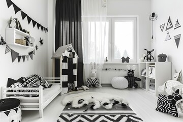 Wall Mural - Monochrome Minimalist Kid's Room: Black and white theme, sleek furniture, minimal decor, and open shelving.