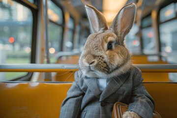 A rabbit is dressed in a suit and tie and sitting on a bus