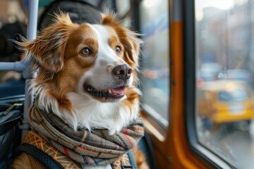 Wall Mural - A dog is sitting on a bus with a scarf around its neck