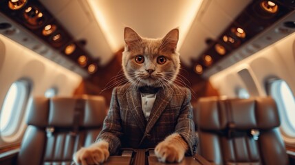 Wall Mural - A cat is wearing a suit and tie and sitting in the cockpit of an airplane. Concept of humor and playfulness, as cats are not typically seen in such formal attire or in control of a plane
