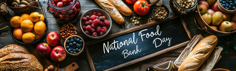 National Food Bank Day Celebration with Fresh Fruits, Vegetables, and Breads on Wooden Table.