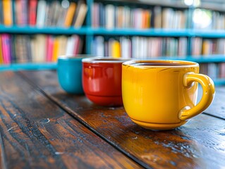 Poster - Cozy Coffee Club Meeting in a Warm Library Setting with Books and Mugs