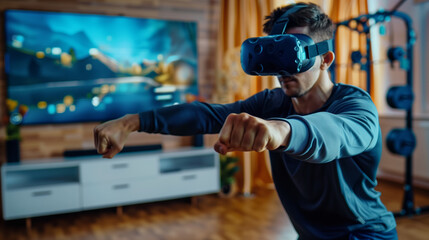  A man wearing a VR headset playing a fighting game in his living room