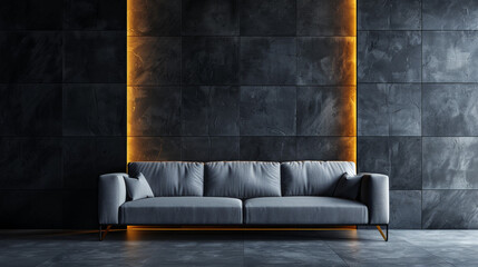 A contemporary grey fabric sofa against a sleek black tile wall with subtle backlighting.