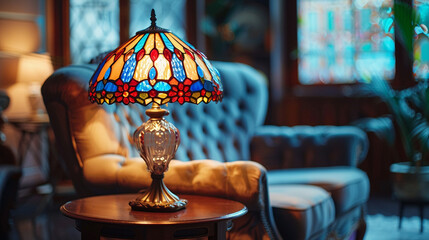 Wall Mural - A quaint living space with a Tiffany-style vintage lamp featuring a colorful stained glass shade, placed on a small table next to a velvet armchair.