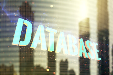 Wall Mural - Double exposure of Database word sign on office buildings background, global research and analytics concept