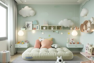 Wall Mural - Pastel Minimalist Kid's Room: Soft pastel colors, simple furniture, cozy rugs, and floating shelves.