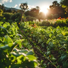 Poster - Organic Farm with Lush Crops at SunriseSunset in Serene Countryside Landscape