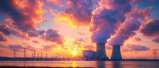 A large nuclear power plant with cooling towers and steam rising into the sky at sunset.