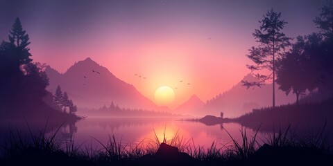 Wall Mural - misty natural scenery dawn trees water hills