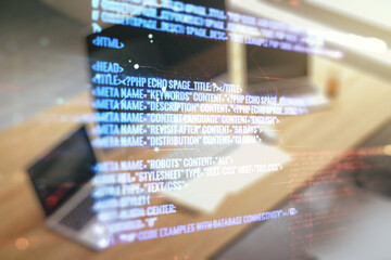 Wall Mural - Double exposure of abstract creative programming illustration and modern desk with computer on background, big data and blockchain concept