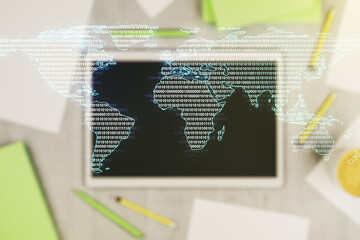 Wall Mural - multi exposure of abstract creative digital world map and modern digital tablet on background, top v