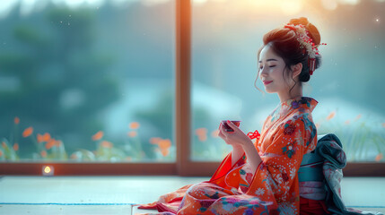Japanese woman wearing traditional kimono drinking tea.