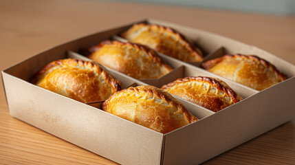 Empanadas pies on a light background. Delivery, takeaway, homemade food. Delivery 