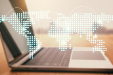 Wall Mural - abstract creative world map with connections on modern laptop background, international trading conc