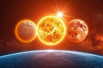 Wall Mural - cosmic sunrise over planetary horizon with vibrant celestial bodies
