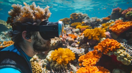 Wall Mural - Marine Biologist Using Virtual Reality to Simulate Coral Growth Under Various Conditions