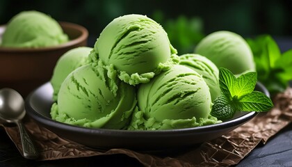 Wall Mural - green matcha ice cream with green leaves