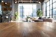 © grey - An elegant, polished wood dining table in the foreground with a blurred background of a luxury urban loft. The background features modern industrial decor, large windows with city views