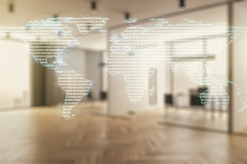 Wall Mural - abstract creative digital world map on a modern furnished classroom background, globalization concep