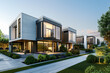 © jazzi - modern house in the city, An ultra-realistic image of modern modular private houses showcasing sleek residential architecture