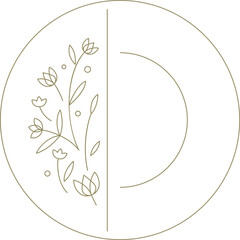 Wall Mural - Botanical round frame half flower decorative design hand drawn line art element for logo vector