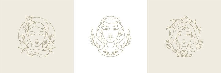 Wall Mural - Beauty botanical woman goddess face with flowers minimalist line art logo set vector illustration