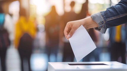 A hand places a voting ballot into a ballot box at a polling station