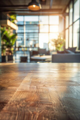 Wall Mural - An elegant, polished wood dining table in the foreground with a blurred background of a luxury urban loft. The background features modern industrial decor, large windows with city views