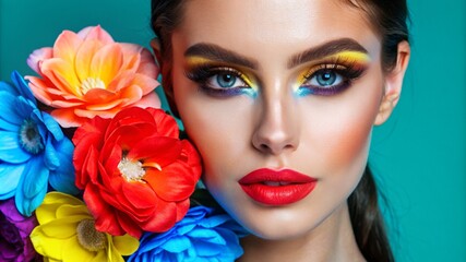 Wall Mural - a young woman model with flawless makeup, copy space, banner