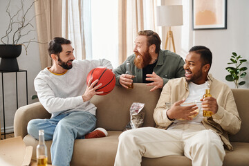 Three interracial handsome men in casual attire bonding and laughing happily while sitting on top of a couch.