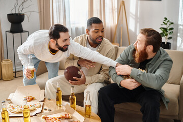 Wall Mural - Three cheerful, interracial friends in casual attire sit around a table, laughing and sharing pizza and beer.