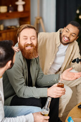 Three cheerful, handsome men of different races enjoy drinks and conversation around a table in casual attire, exuding warmth and friendship.