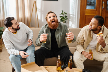 Wall Mural - Three handsome, cheerful men of different races sit on a couch, enjoying beers and camaraderie in a relaxed setting.